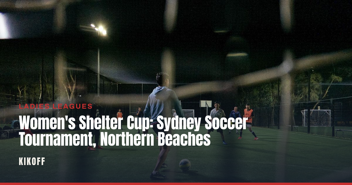 Players in a mixed five-a-side team lining up on a floodlit synthetic pitch at Northern Beaches for a one-day tournament