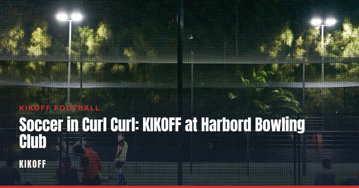 Players on a floodlit caged 5-a-side pitch with futsal line markings at Harbord Bowling Club in Curl Curl