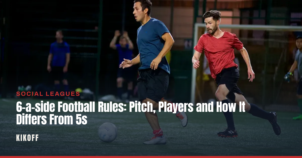 Players contest the ball on an open floodlit 6-a-side pitch at night.