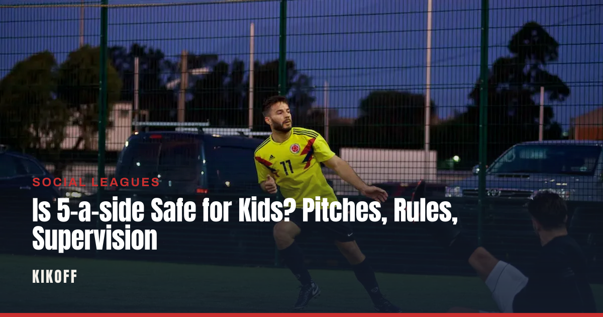 A group of children playing 5-a-side football on a caged synthetic pitch under floodlights.