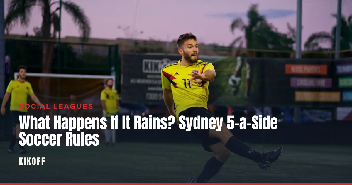 Players on a floodlit synthetic 5-a-side pitch under grey rainy skies in Sydney