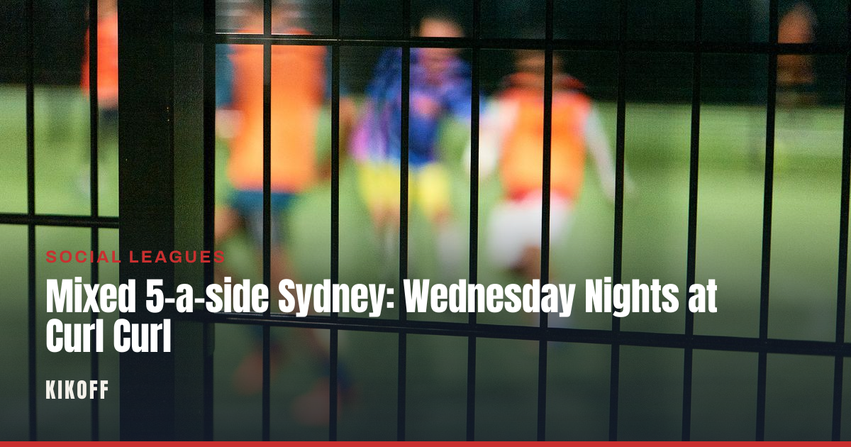 A mixed group of adult players contesting the ball on a floodlit caged synthetic pitch at KIKOFF Northern Beaches in Curl Curl.